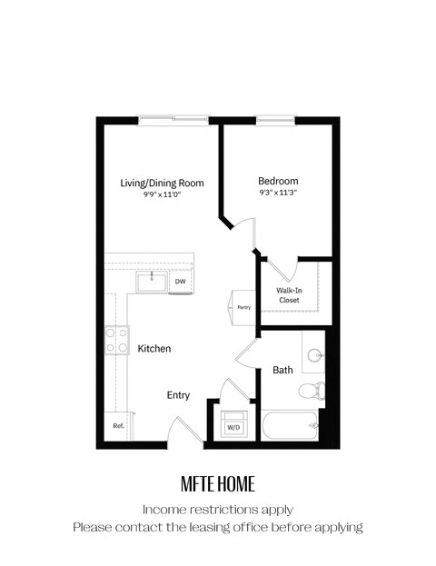 A floor plan of an MFTE home with a living/dining room, kitchen, entry, bath, and bedroom.